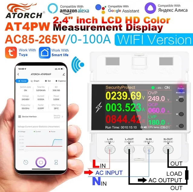 Однофазний WiFi лічильник електроенергії Atorch AT4PW (220 В, 100 А, DIN, захисту)
