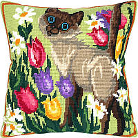 Набор для вышивки подушки крестом Сиамская кошка с пряжей Zweigart полукрест мулине 40х40 см