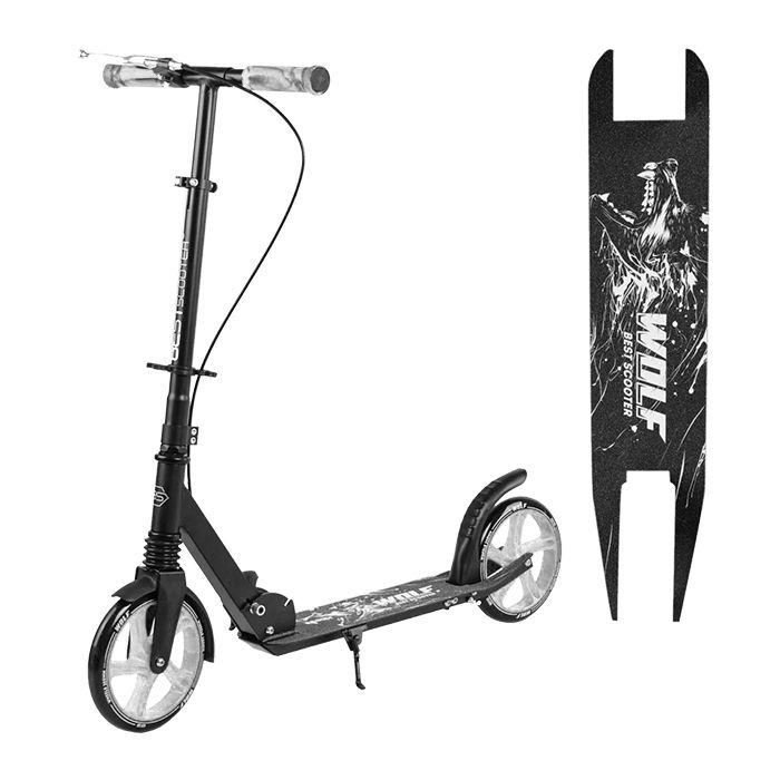 Самокат двоколісний складаний W-17025 Best Scooter WOLF з ручним гальмом, чорно-сірий
