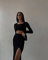 Женский стильный трэндовый прогулочный костюм юбка с разрезом и топ с длинным рукавом рубчик цвет черный