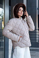 Куртка женская стеганая в ромб, короткая, демисезонная, зимняя, с меховой опушкой, Бежевый, S/M