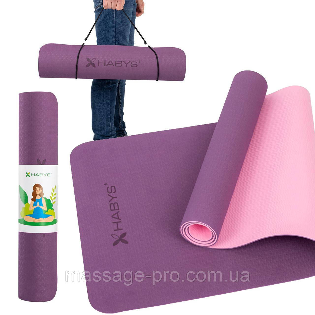 Тренажерний килимок TPE, 183x61x0,6 см - фіолетовий (двошаровий), фото 1