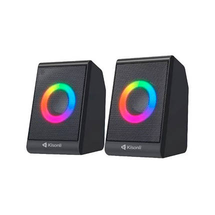 Колонки 2.0 Kisonli X12 для ПК та ноутбука, USB + 3.5mm, 2x3W, 20Hz-20KHz, DC: 5V, RGB light, Black, BOX, Q50, фото 1