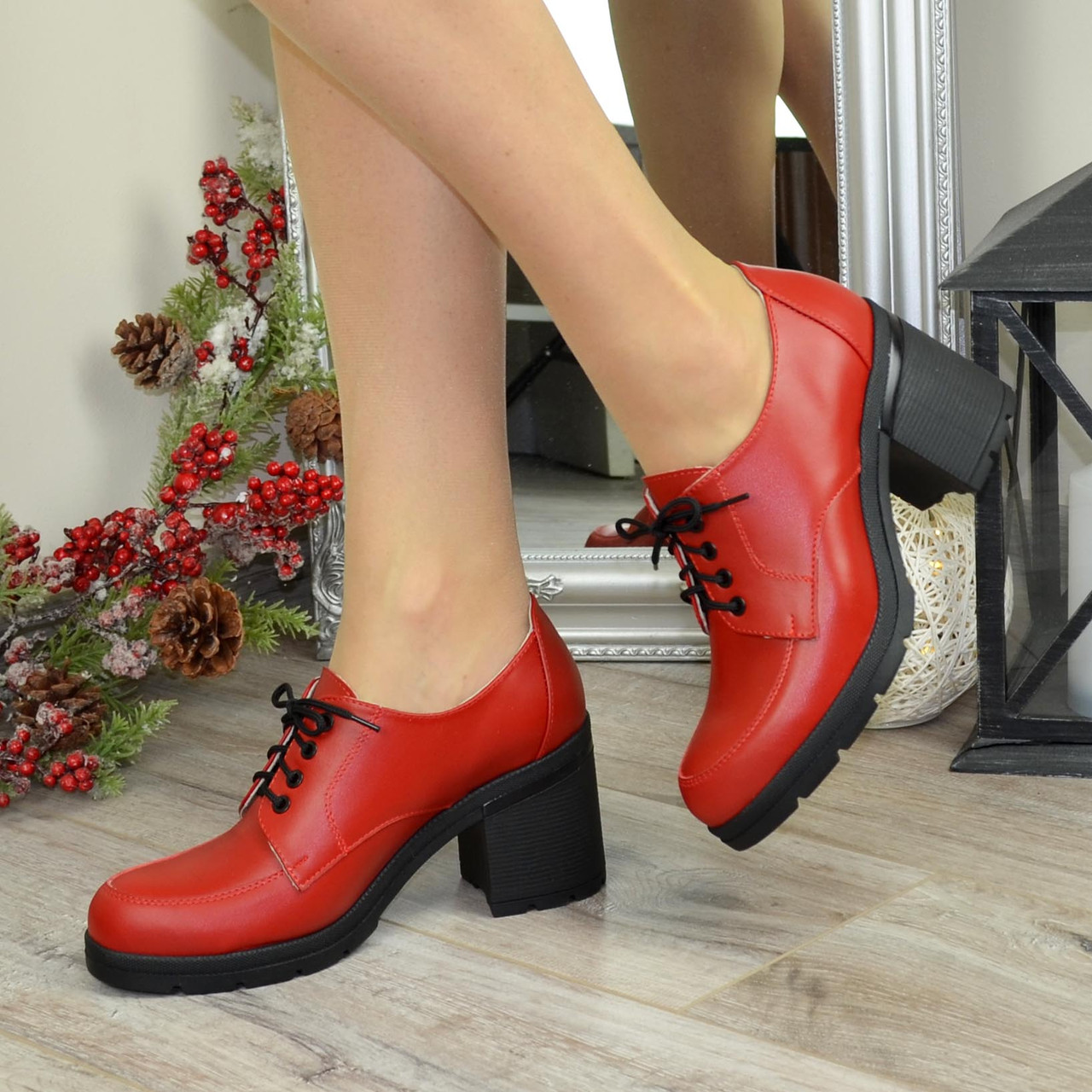 Туфлі жіночі червоні шкіряні на стійкому підборі, фото 1