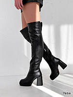 Женские ботфорты кожаные черные еврозима на высоком устойчивом каблуке 39
