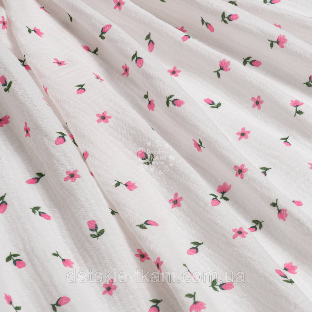 Двошаровий жатий муслін "Рожеві квіточки та бутони з темно-зеленим стеблом", ширина 135 см, фото 1