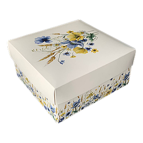 Коробка подарункова 195х195х97 мм Квіти жовто-блакитні ПДК28