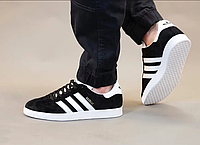 Кроссовки мужские Adidas Gazelle Black Кеды Адидас Газели черные три полоски белые