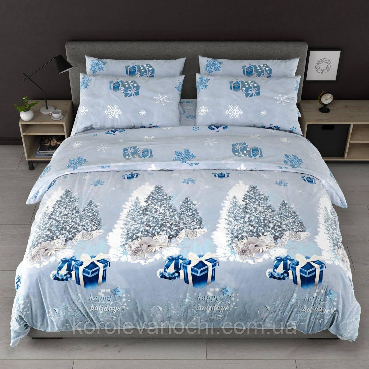Наволочка на блискавці 70х70 (Бязь) | Від виробника "Королева Ночі" | Ялинки з подарунками на сіро-блакитному, фото 1