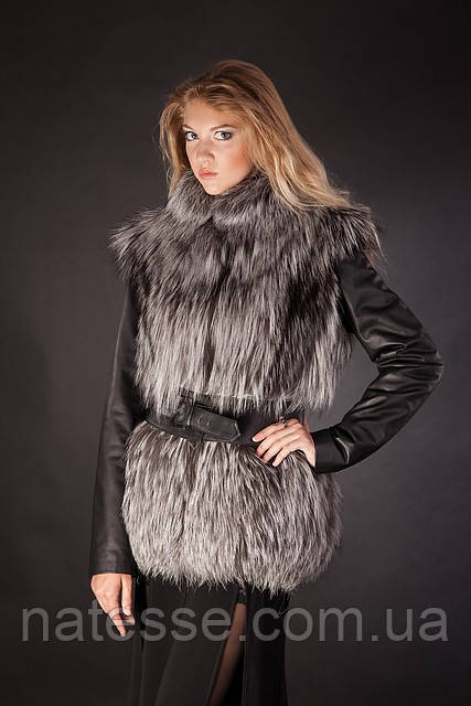 Меховая куртка-жилет из финской чернобурки со съемными кожаными рукавами и кожаным поясом Модель 4 - фото 1 - id-p1981832670