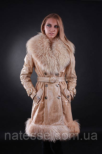 Шкіряне пальто на утепленій підкладці з обробкою з хутра кози Leather over coat with detachable goat fur trim