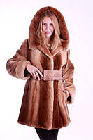 Шуба кожушок з бобра кольору "Цукру" Hooded beaver fur coat fur-coat, flared silhouette