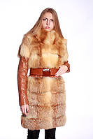 Меховое пальто-куртка-жилет из лисы с кожаным съемным рукавом