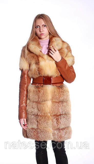 Меховое пальто-куртка-жилет из лисы с кожаным съемным рукавом - фото 2 - id-p1981833018