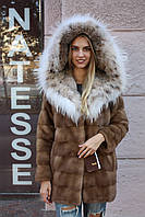 Шуба з норки з обробкою з рисі Hooded mink fur coat fur-coat with Canadian lynx collar
