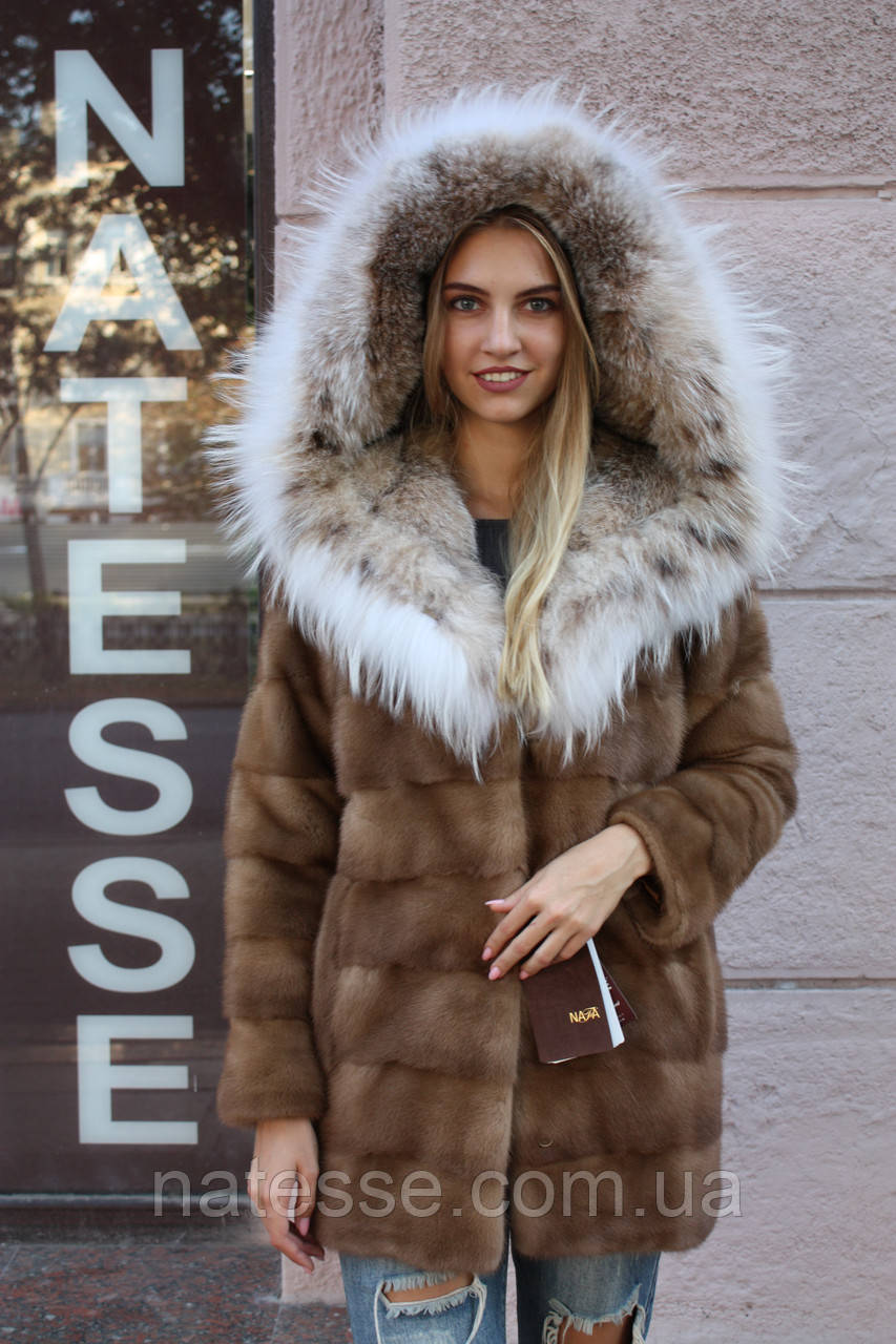 Шуба из норки с отделкой из рыси Hooded mink fur coat fur-coat with Canadian lynx collar - фото 1 - id-p1981833169