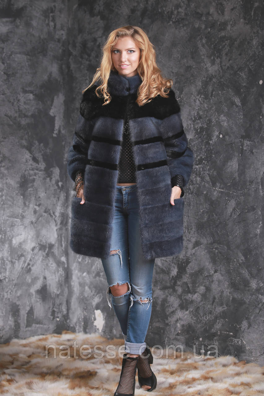 Шуба полушубок из датской норки серая с черным Real mink fur coats jackets - фото 1 - id-p1981833174