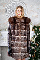 Шуба из чернобурки с кожаными рукавами silver fox fur coat jacket vest gilet