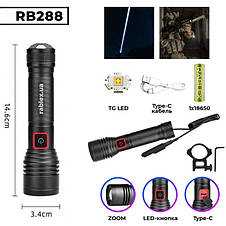 Кишеньковий ручний ліхтар RB-288 акумуляторний ліхтарик із зумом TG LED Type-C 18650, фото 2
