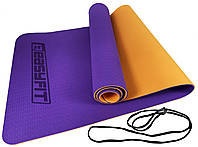 Коврик для йоги и фитнеса EasyFit TPE+TC 6 мм двухслойный фиолетовый-оранжевый цвет