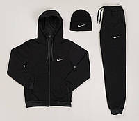 Спортивный костюм осень-зима Nike + шапка костюм тройка 3в1 комплект утепленный черный флисовый