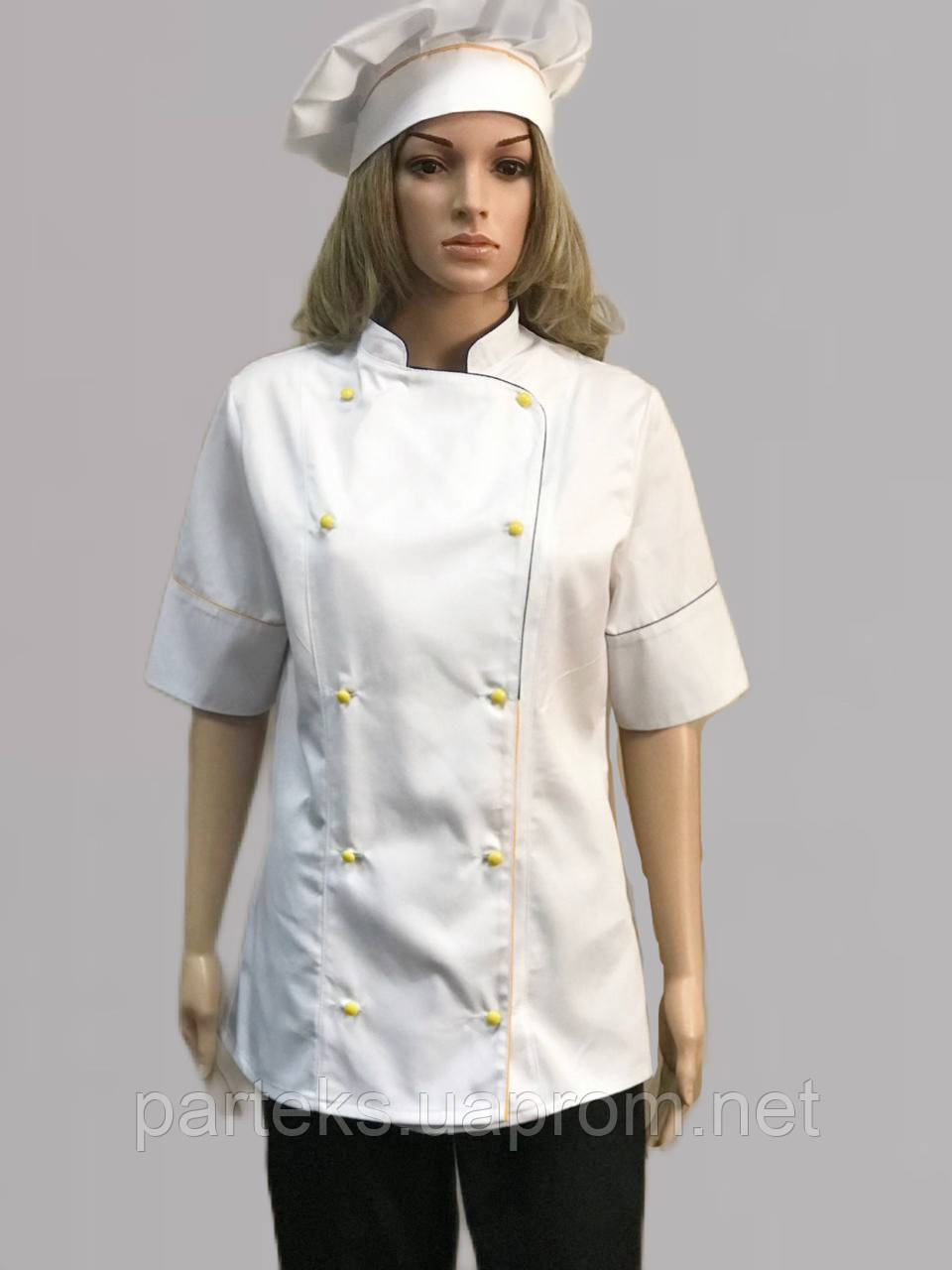 Кітель кухаря жіночий, білого кольору з кольоровим кантом
