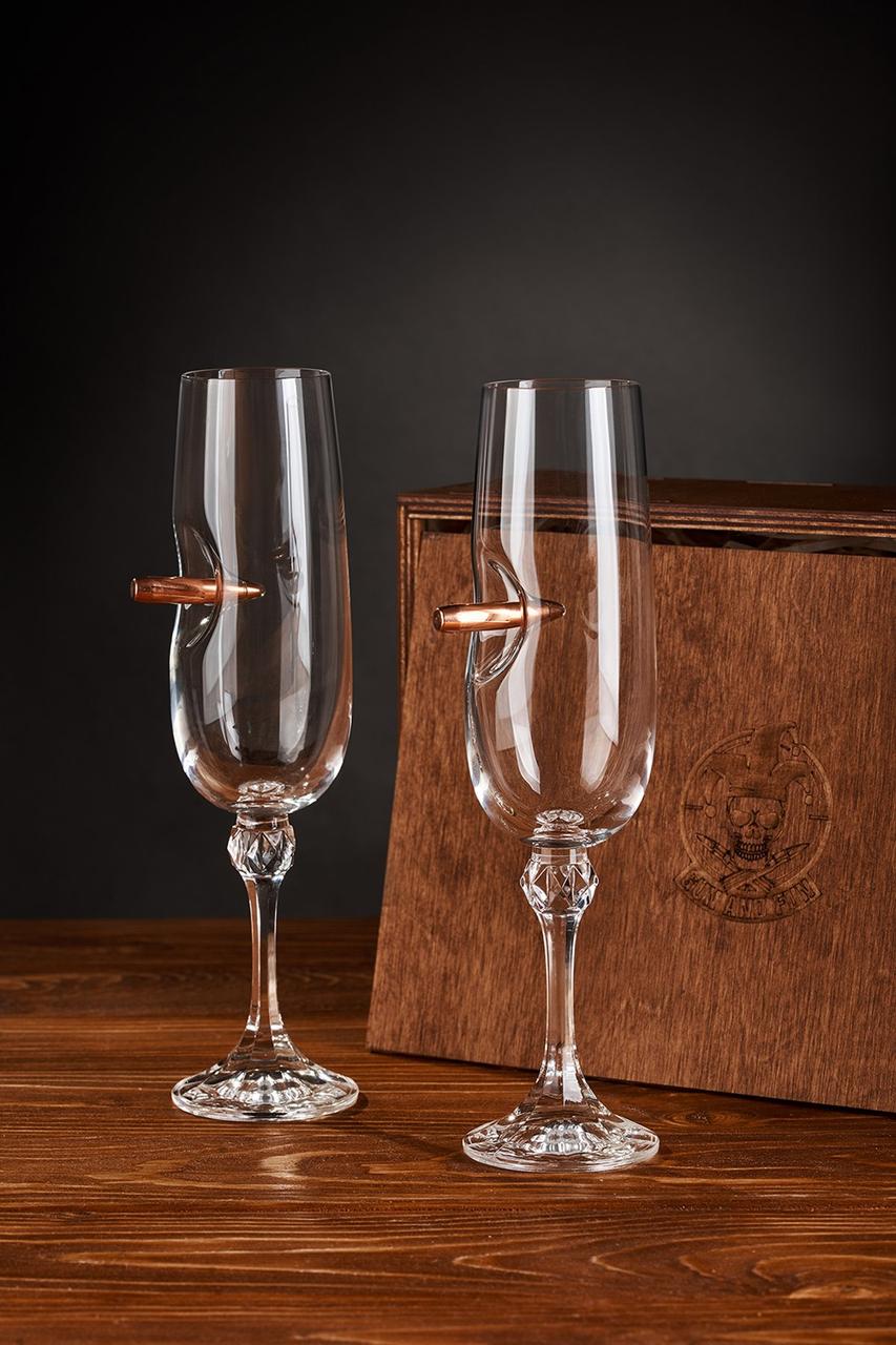 Набір з двох келихів для шампанського зі справжньою кулею 7.62мм на подарунок Gun & Fun, фото 1