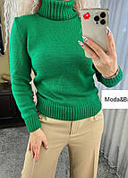 Женский вязаный зимний гольф свитер кофта с горлом зелёный оверсайз р.42