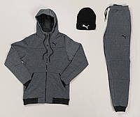 Спортивный костюм осень-зима Puma + шапка костюм тройка 3в1 комплект утепленный серый флисовый