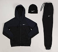Спортивный костюм осень-зима Nike + шапка костюм тройка 3в1 комплект утепленный черный с синим флисовый