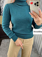 Женский вязаный зимний гольф свитер кофта с горлом темно-зеленый оверсайз р.46