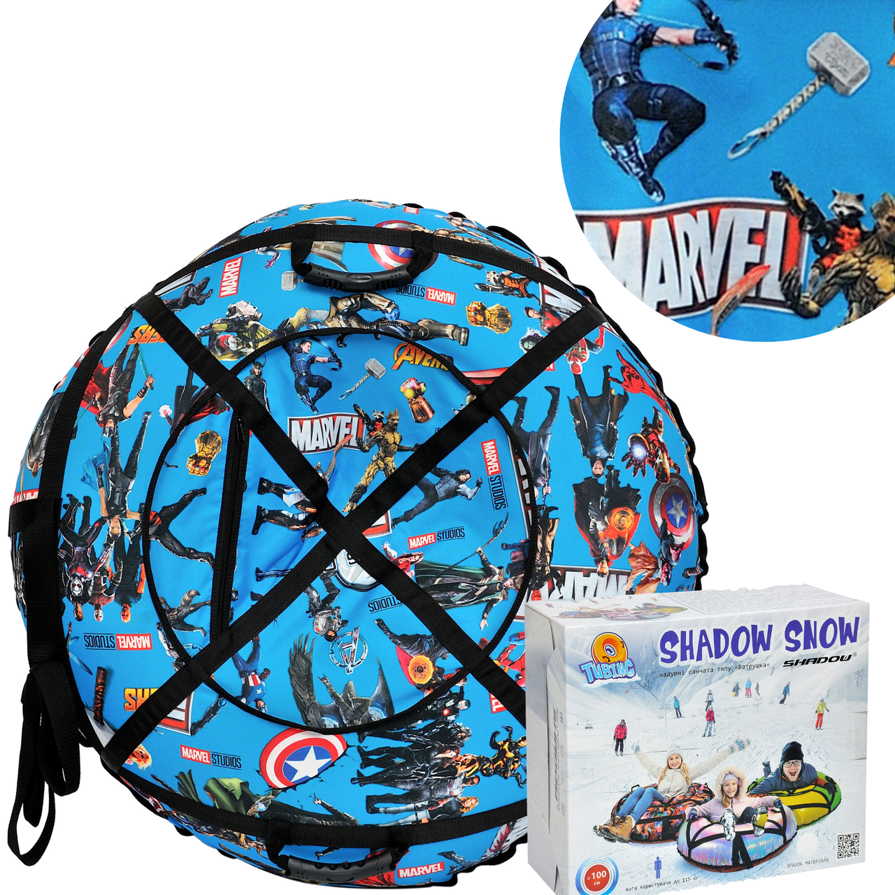 Надувні сани тюбінг 100 см "марвел синій" (Оксфорд, ПВХ) льодяник пончик, фото 1