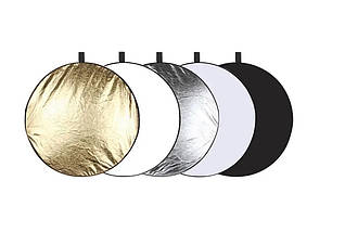 Гнучкий відбивач світла для фото 110 см з ручками 5 в 1, рефлектор круглий Puluz PU5110 чорний, білий, золотий, срібний, фото 2