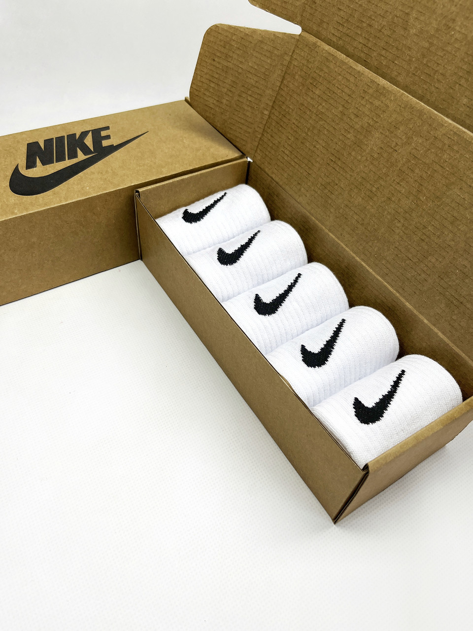 Махрові високі чоловічі термо по сліду в крафт боксі Nike - Білі в коробці 5 пар шкарпеток