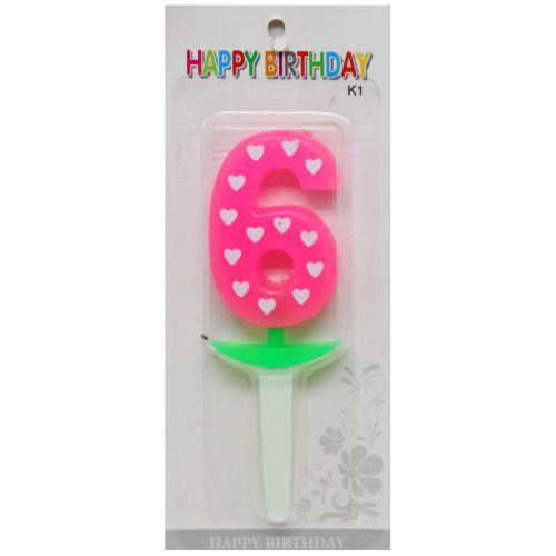 Свічка-цифра неон з сердечком "6" 5 см, фото 1