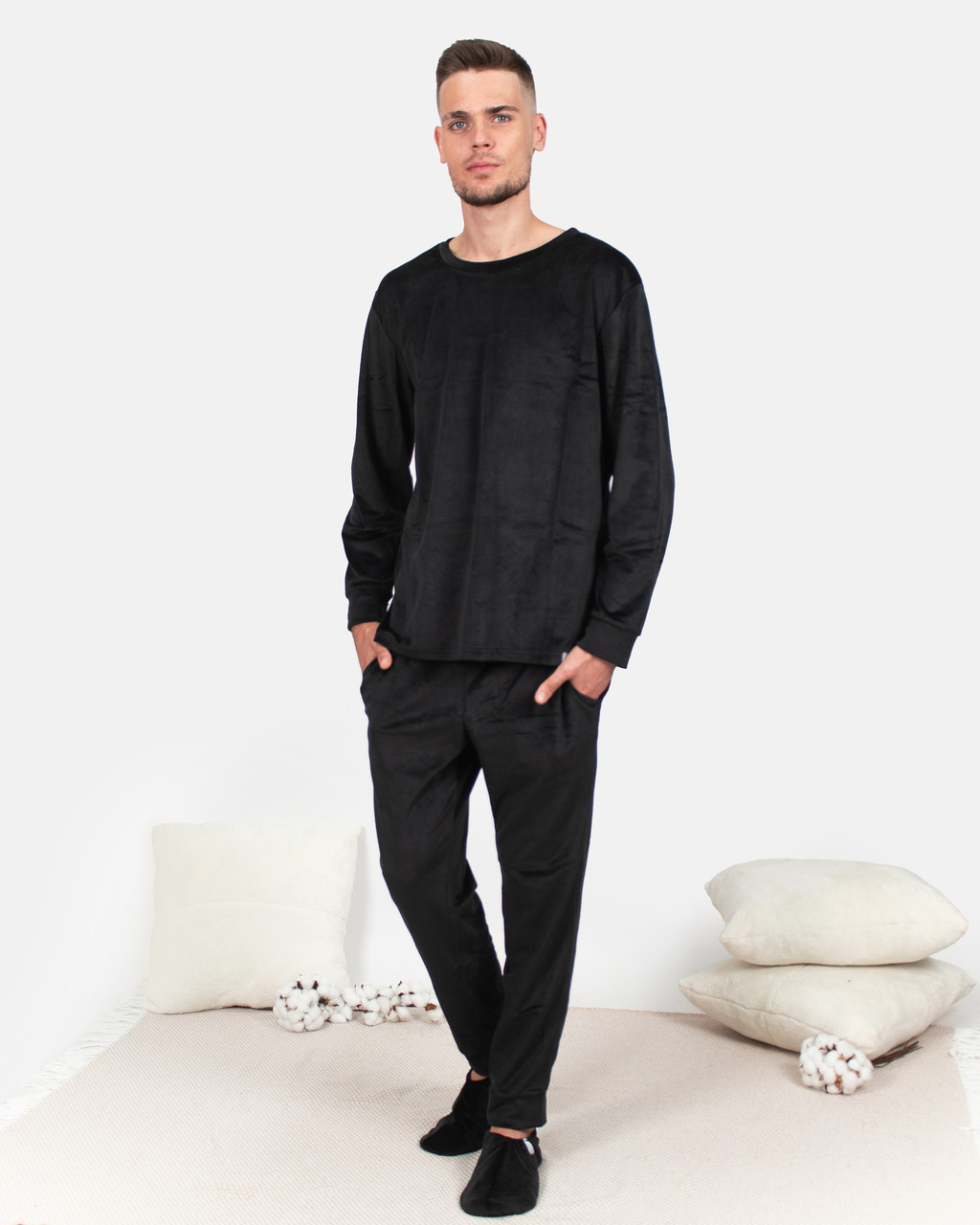 Піжама костюм чоловічий домашній велюровий кофта зі штанами Чорний