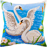 Набор для вышивки подушки крестом Лебединое озеро Пара влюбленных лебедей с пряжей Zweigart 40х40 см
