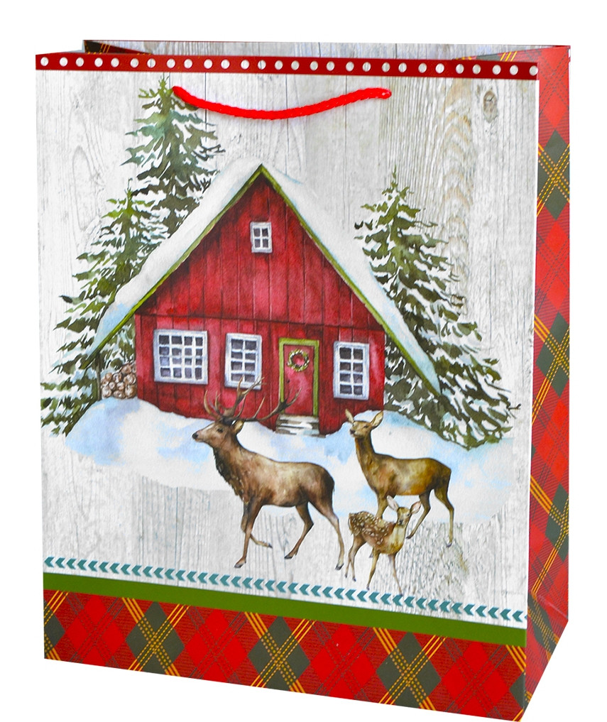 Подарунковий новорічний пакет (олені біля дому) 18*23*8 см