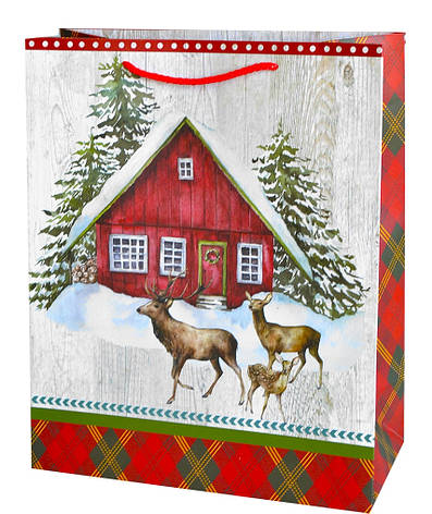 Подарунковий новорічний пакет (олені біля дому) 18*23*8 см, фото 2