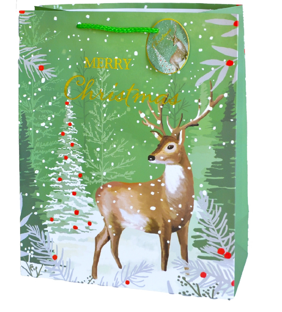 Подарунковий новорічний пакет (олень біля ялинки) 18*23*8 см