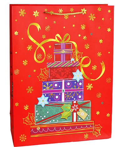 Подарунковий новорічний пакет червоний, подарунки 26*32*10 см, фото 2