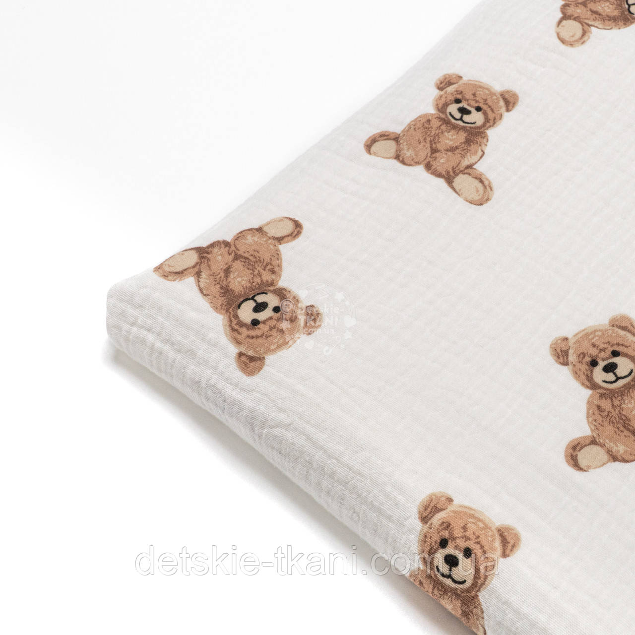Клаптик двошарового жатого мусліну "Коричневі ведмедики" на білому тлі, розмір 15*135 см, фото 1