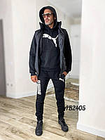 Тёплый мужской спортивный костюм Puma тройка на флисе штаны худи и жилетка на синтепоне серый 48 50 52 54 Черный, 48