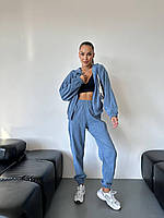 Спортивный женский повседневный вельветовый костюм двойка кофта на змейке с капюшоном и штаны цвет джинсовый 46/48