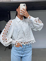 Необычная кружевная женская рубашка-блузка с воротником и длинным рукавом