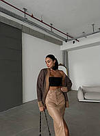 Трендовая кожанная женская юбка-миди с разрезом хит сезона, матовая коричневая, бежевая, черная 42/44, Бежевый