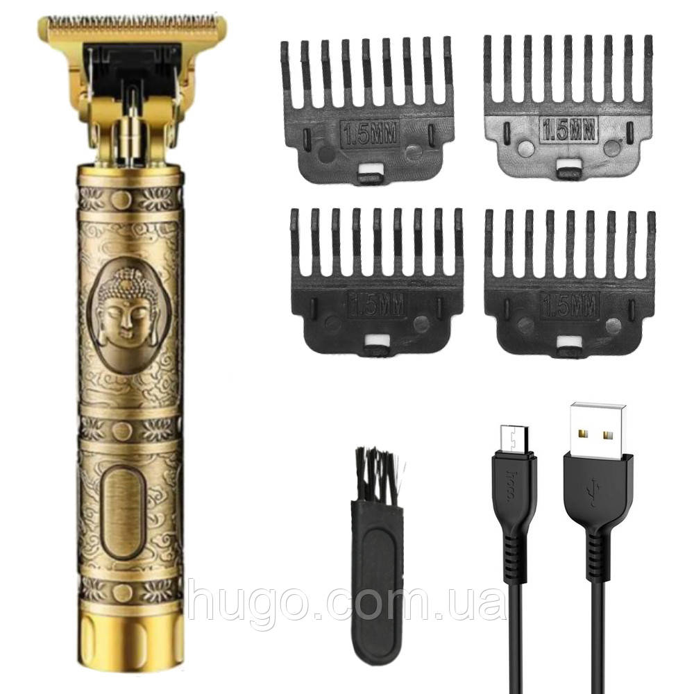 Акумуляторна машинка для стрижки VINTAGE T9, USB + 4 насадки / Бездротовий чоловічий триммер для бороди