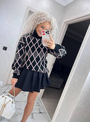 Теплий жіночий в'язаний светр гольф під горло ромб, фото 1