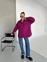 Женская теплая плотная шерстная куртка рубашка на кнопках с накладными карманами из шерсти букле цвет фуксия 48/52