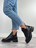 Демісезонні жіночі шкіряні ботинки чорного кольору, трендові жіночі черевики на шнурівці